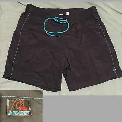 VINTAGE QUIKSILVER Mens Boardshorts 1990s Nylon 100% Black Blue - 34” NEAR NEW • $45