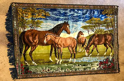 Vintage Italian Velvet Tapestry Horses By The Watering Hole 56” X 38” • $49.95