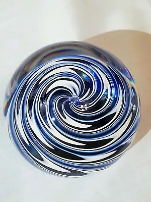 VITRIX Art Glass Studio Signed Blue/White Hypnotic Swirl Paperweight - 2004 • $69.95