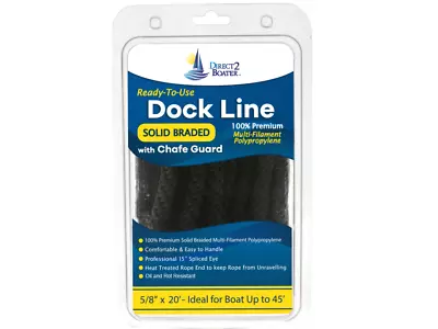 5/8  X 20' Black Solid Braided Poly Dock Line W/ Chafe Guard For Boats Up To • $24.98