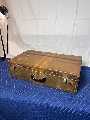 Large Antique Striped Tweed Suitcase Leather Handle Hardshell Luggage Decor • $50