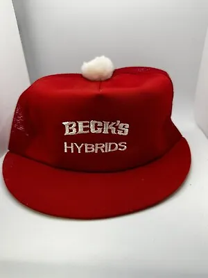 Vintage Becks Hybrid Short Brim Mesh Snapback Cap Hat With Pom Patch Farmer Red • $65