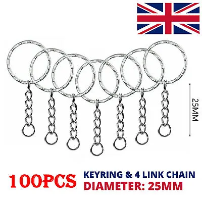 100pcs Silver Keyring Blanks Tone Key Chains Key Split Rings 4 Link Chain 25mm • £4.69