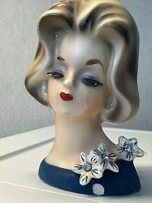 Vintage NAPCOWARE Lady Head Vase Teal Dress Flowers W/Rhinestones • $19.99