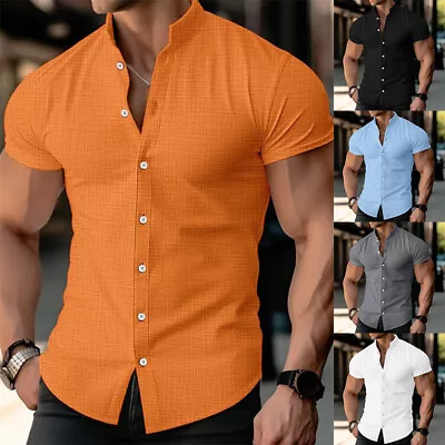 Mens Summer Short Sleeve Button Up Shirts SolidCasual Formal Work Tops Shirts💕 • £9.98