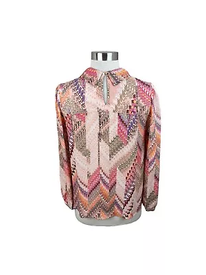 Paul & Joe Pink Print Pleat Collar 100% Silk Long Sleeve Blouse Size 1 Small • $49.50