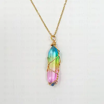 £4.24 • Buy Quartz Stone Necklace Gold Wire Wrap Pendant Chain Healing Crystal Gemstone UK