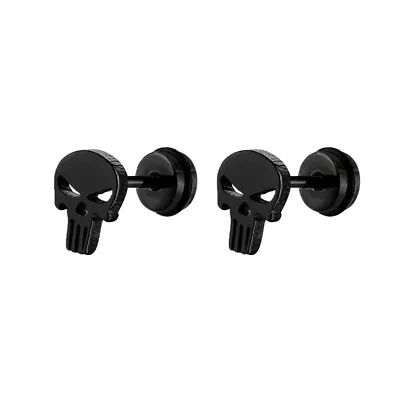 Mens Black Punisher Skull Stud Earrings Surgical Steel Punk Retro Rock Jewelry • $9.99