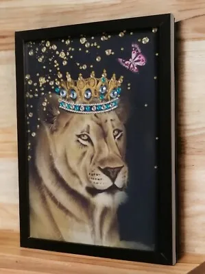 Bling 3D Effect Lion And Lioness Framed Pictures X 2  Size A4 Handmade • £27.95