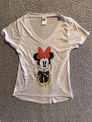 Disney Women's Minnie Mouse Watercolor Graphic T-Shirt Sz L V-Neck White • $6.29