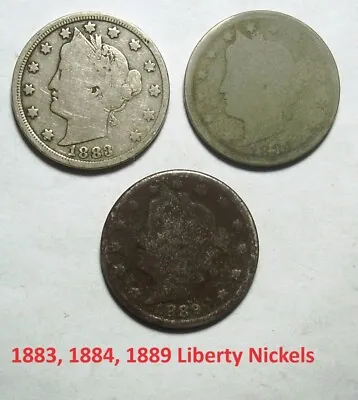 3 Liberty Nickel Lot 1883 No Cents 1884 & 1889 Fine To AG Racketeer Nickel • $17.35