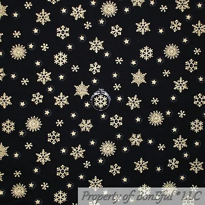 BonEful FABRIC FQ Cotton Quilt Black Gold Metallic Glitter Star Flower Xmas Snow • $5.07