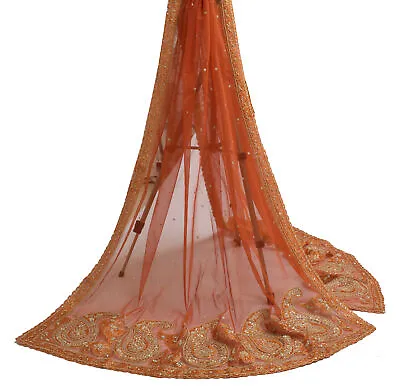 Sushila Vintage Indian Dupatta Net Mesh Hand Beaded Zardozi Long Stole Scarves • $34.49