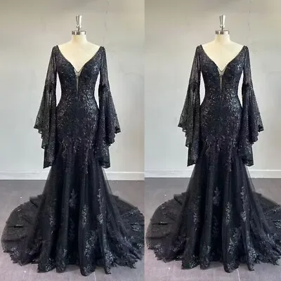 Muslim Black Wedding Dresses Mermaid Long Sleeves V Neck Sweep Train Bridal Gown • $142.39