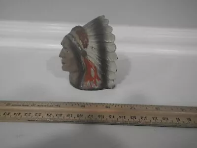 Vintage Metal Coin Bank Indian Head Chief Feather Headdress (lock Not Operative) • $15