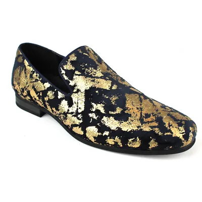 ÃZARMAN Men's Slip On Velvet Navy & Gold Leopard Print Dress Shoes Loafers LS21 • $29.99