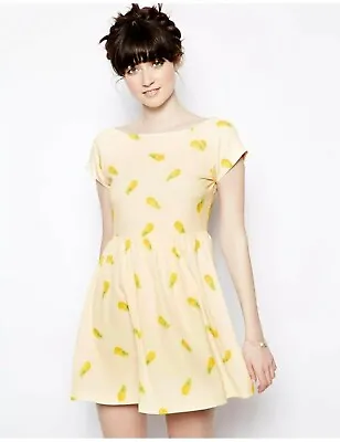 $45 • Buy Nishe Pineapple Print Skater Dress Size 14 Lined Summer Asos