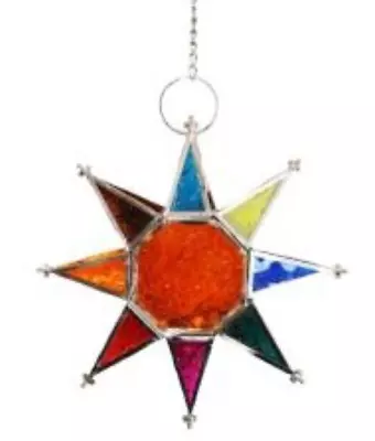 Glass Star Tea Light Holder Multicoloured Hanging T Light Garden Window Decor • £22.50