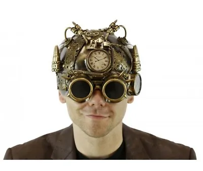 Gold Steampunk Helmet Style Adult Half Mask With Goggles Compass LED Lights-Up • $24.95