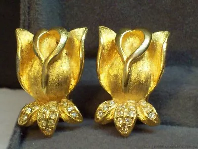 Rose Rhinestone Clip On Earrings Flower Bud Vintage Retro Floral Gold Tone  70s • $11.98