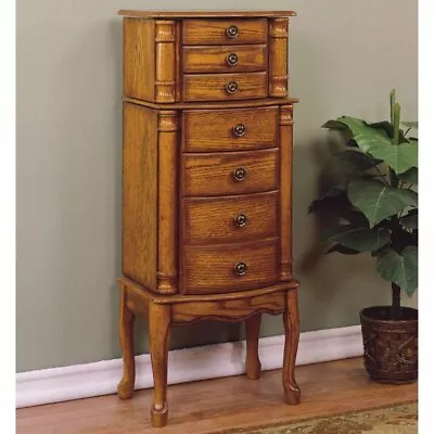 Oak Wooden Jewelry Armoire Storage Cabinet 5 Drawer Mirror Organizer Hinged Door • $402.90