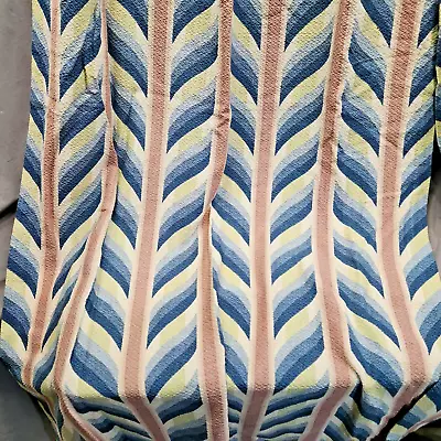 Vtg Rustic Barkcloth Curtains Arrow Chevron Stripe  Fabric Drape PAIR Blue Lime • $149