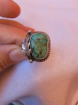 Vintage Sterling Silver Turquoise Ring Rope Edge Southwestern Style • $75
