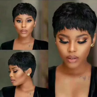 Short Black Pixie Cut Straight Human Daily Hair Wigs Natural Full Wig Cosplay US • $11.96