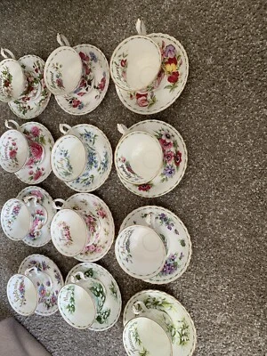 $325 • Buy Royal Albert England Flower Of The Month Tea Cups & Saucers Complete Set Of 12