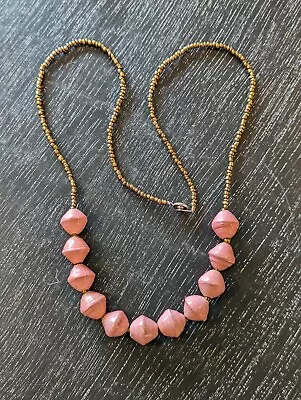 VTG African Pink Rolled Paper Bead Necklace With Gold Glass Beads 14  Drop • $14.99