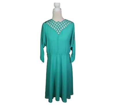 Unbranded Handmade Vintage Dress Size 10-12 Green A-Line Midi Dolman Sleeve • $24.95