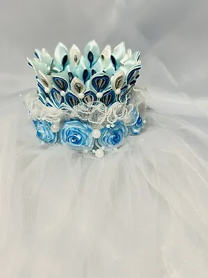 Halloween Flowers Blue Mini Crown With Veil Halloween Costume Handmade • $12