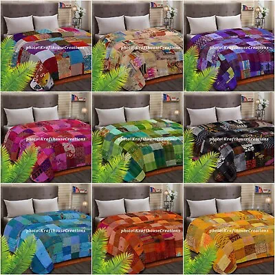 £17.99 • Buy Indian Handmade Silk Kantha Paisley Quilt Throw Blanket Turquoise Bedspread