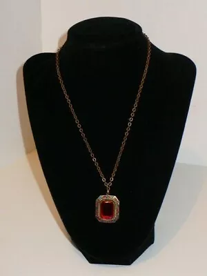 Vintage Czech? Lg Red Center Stone Faux Pearls Enamel Pendant Necklace 17  VGC • $55