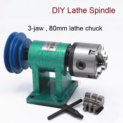 Lathe Spindle W/ 3-jaw 80mm Chuck Belt Pulley Drive Rotary Seat CNC Woodworking • £178.89