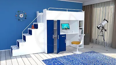 £739 • Buy Modern Cabin High Sleeper Bed Loft Bed Wardrobe Desk Bedroom Set For Boy Girl 