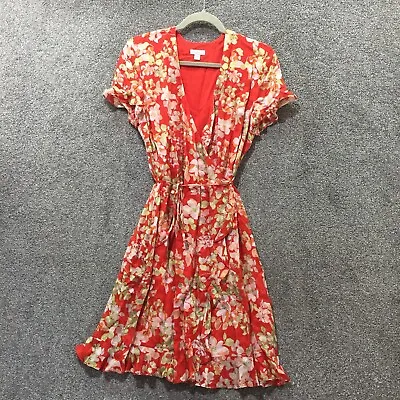 J Jill Wrap Dress Women XS Red Floral Viscose V Neck Ruffle Hem Flutter Sleeve • $19.03