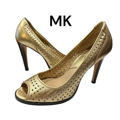 Michael Kors MK Women's Leather Slip-On Open Toe Pump Heel Shoes Gold Size 9M • $53.10
