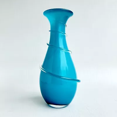 Mid-Century VINTAGE 60s Blue Cased ART GLASS VASE Twist Retro • $50
