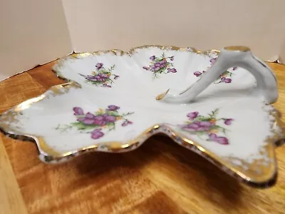 UCAGCO China Of Japan Porcelain Leaf Shaped Handled Trinket Dish Purple Floral • $21