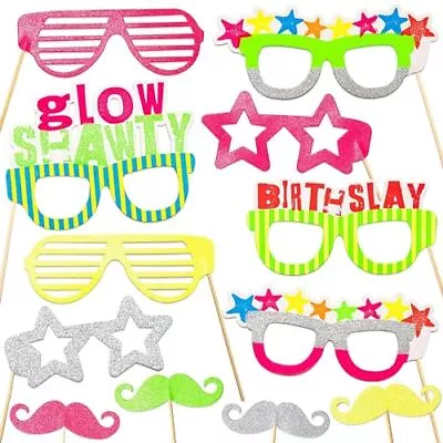 12pcs Neon Theme Birthday Photo Booth Props With Moustaches And Glasses For C... • $22.10