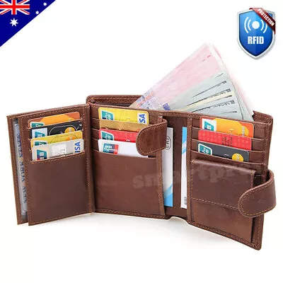 $31.95 • Buy RFID Blocking Genuine Leather Wallet Slim Mens Purse Trifold Credit Card Holder