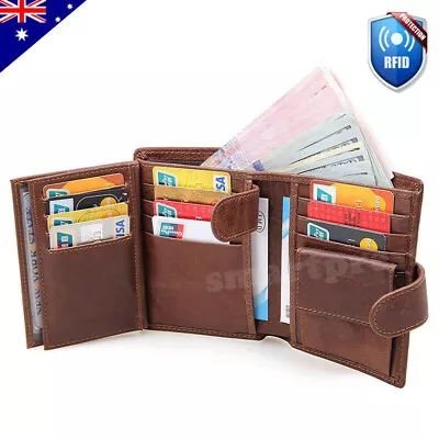 RFID Blocking Genuine Leather Wallet Slim Mens Purse Trifold Credit Card Holder • $29.95