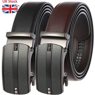 Luxury Men Genuine Leather Belt Automatic Buckle Ratchet Waist Strap Jeans Dress • £12.60