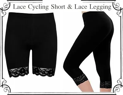 Ladies Capri Soft 3/4 Leggings Gym Sports Fitted Womens Lace Trim Cycling Shorts • £5.99