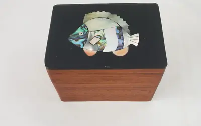 Abalone Shell Inlay Fish Wood Trinket Box Lid Wooden 3in W X 2.25 In H Vintage • $9