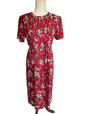 Dress Floral Red CottageCore Midi Shabby Chic Tie Back Vintage 90 Large Linen • $20