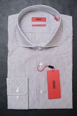 Hugo Boss Men's Meli Sharp Fit Dark Red Striped Cotton Dress Shirt 42 16.5 32/33 • $64.79