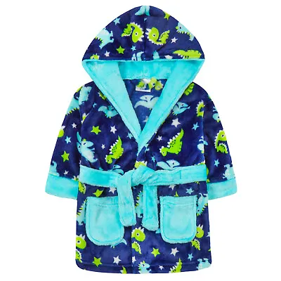 Babies Childrens Infants Dinosaur Print Fleece Dressing Gown - 6 Months - 6 Yrs • £9.99