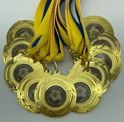 10 X Man Of The Match Medals With Yellow & Blue Ribbons Gold Football Medal • £14.50